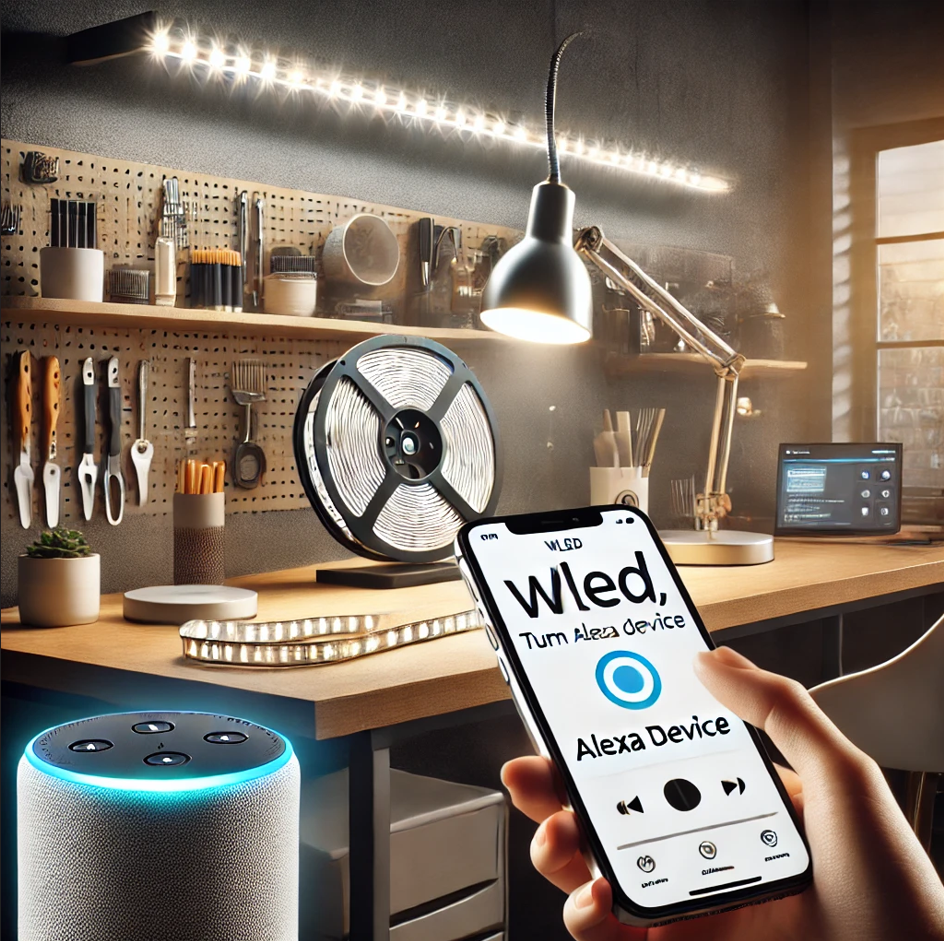 A modern smart home setup featuring an LED strip controlled by Alexa. The image showcases a sleek workbench with a bright LED strip light above it, emitting a soft white glow. In the foreground, a hand holds a smartphone displaying the WLED app, with the 'Emulate Alexa Device' option enabled. To the right, an Amazon Echo speaker is present, symbolizing voice control. A speech bubble above the Echo shows the command 'Alexa, turn on the Shop Light.' The scene is well-lit with a high-tech yet cozy atmosphere.